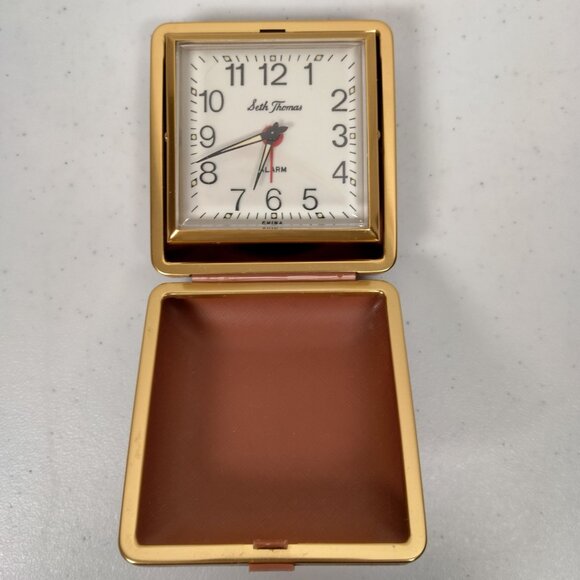 Vintage Seth Thomas Alarm Clock Travel Size Foldable Brown Plastic Case Glowing - Picture 5 of 16